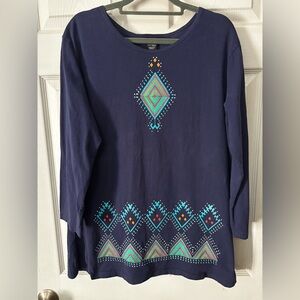 Sabaku Art Wear 100% Cotton Blue Aztec 3/4 Sleeve Tunic Smock T-Shirt Blouse Med